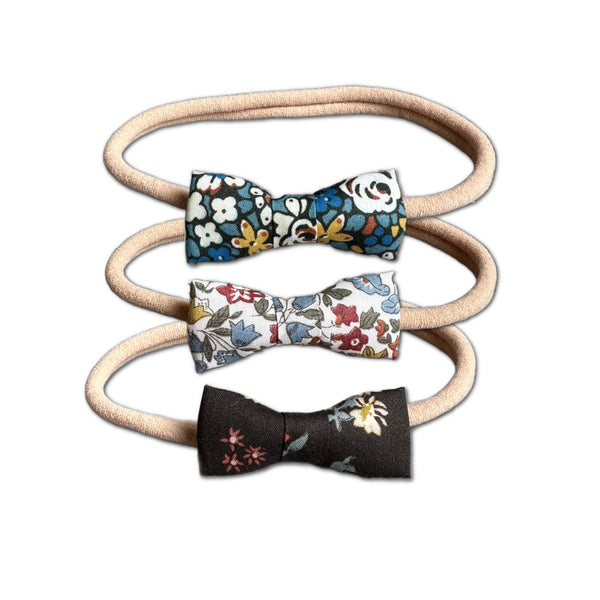 Itty Bitty Bow Baby Headbands, Liberty of London Blue/Brown Florals Bundle Set