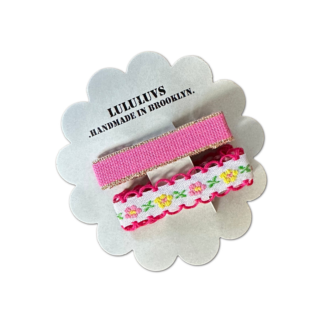 Embroidered Ribbon Bar Clips in Bright Pink, set of 2
