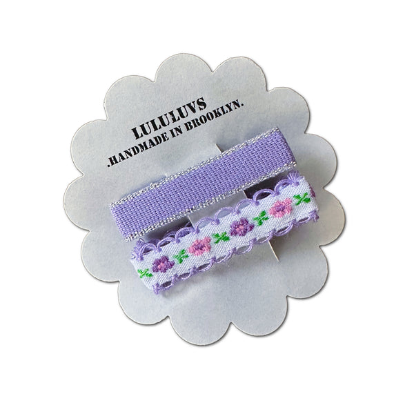 Embroidered Ribbon Bar Clips in Purple, set of 2