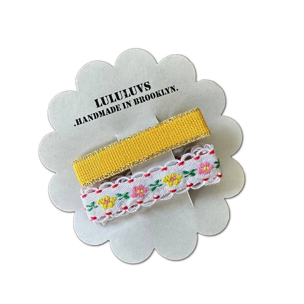 Embroidered Ribbon Bar Clips in Yellow, set of 2