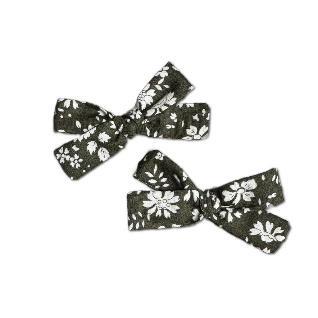 Skinny Ribbon Pigtail Bows, Liberty of London Olive Floral (Organic)