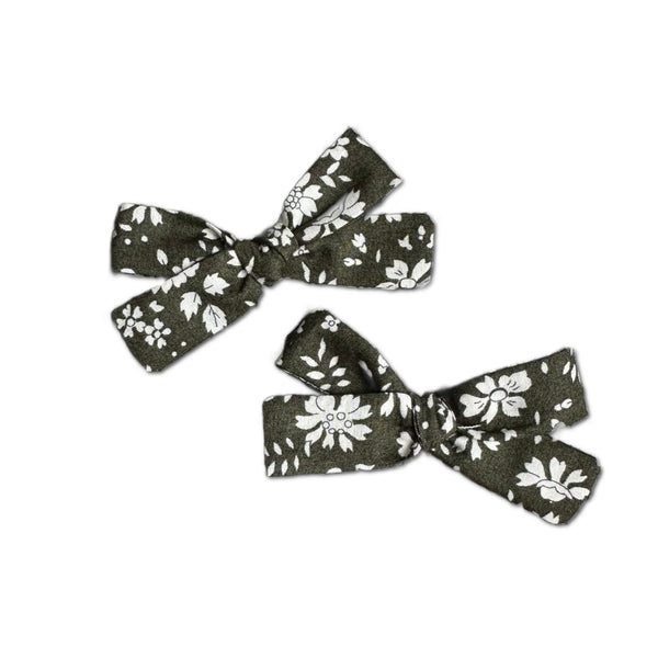 Skinny Ribbon Pigtail Bows, Liberty of London Olive Floral (Organic)