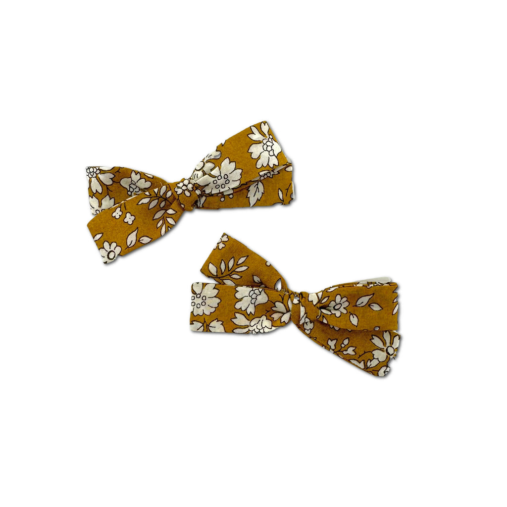 Skinny Ribbon Pigtail Bows, Liberty Gold Floral