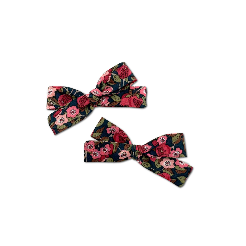 Skinny Ribbon Pigtail Bows, Liberty Navy/Pink Floral