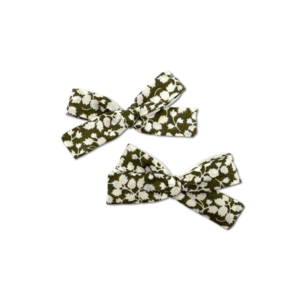 Skinny Ribbon Pigtail Bows, Liberty Olive Floral