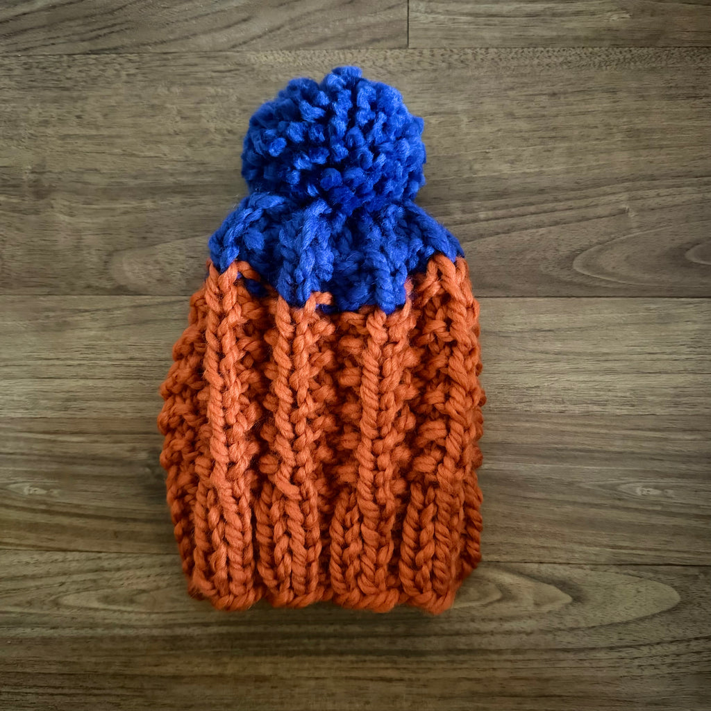 READY TO SHIP! Kids S, Colorblock Hat in Pumpkin/Cobalt