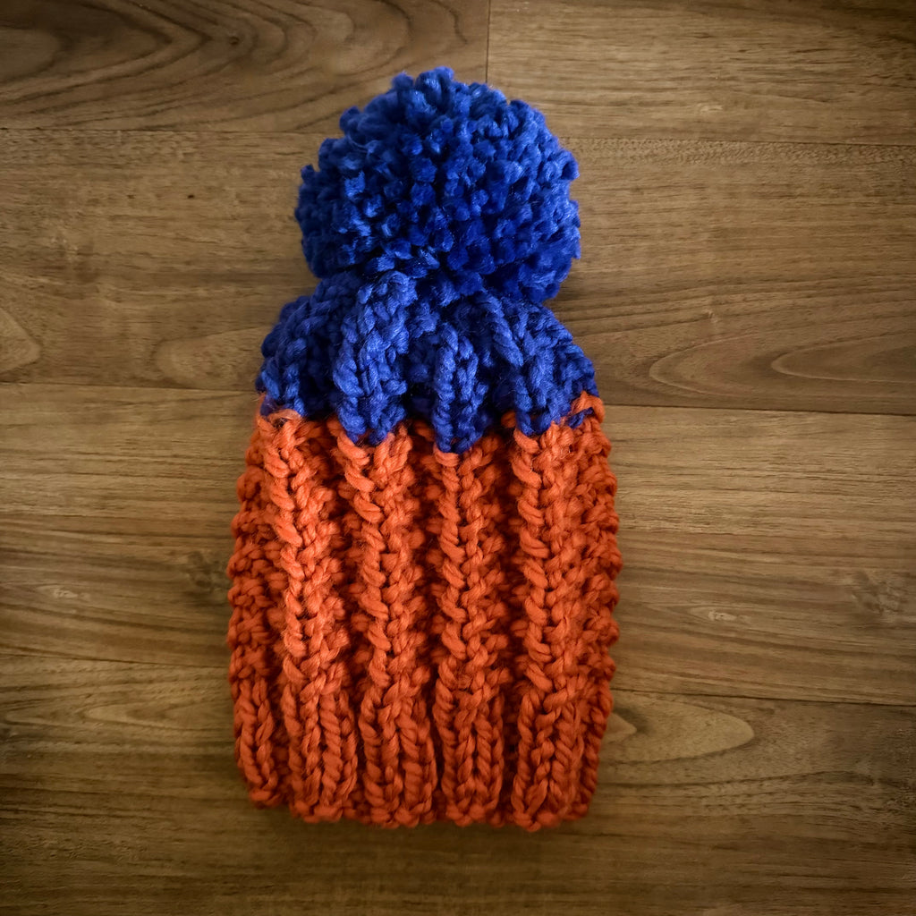 Ready to Ship! Adult Colorblock Knit Hat in Pumpkin/Cobalt