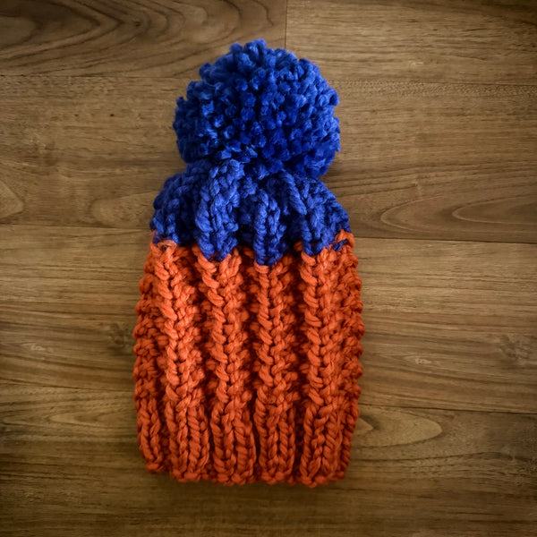 Ready to Ship! Adult Colorblock Knit Hat in Pumpkin/Cobalt