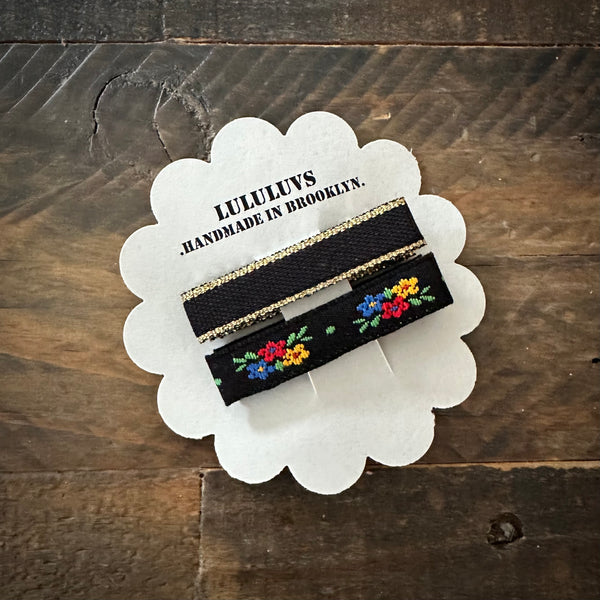 Embroidered Ribbon Bar Clips in Black, set of 2