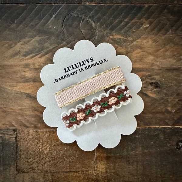 Embroidered Ribbon Bar Clips in Brown/Blush, set of 2