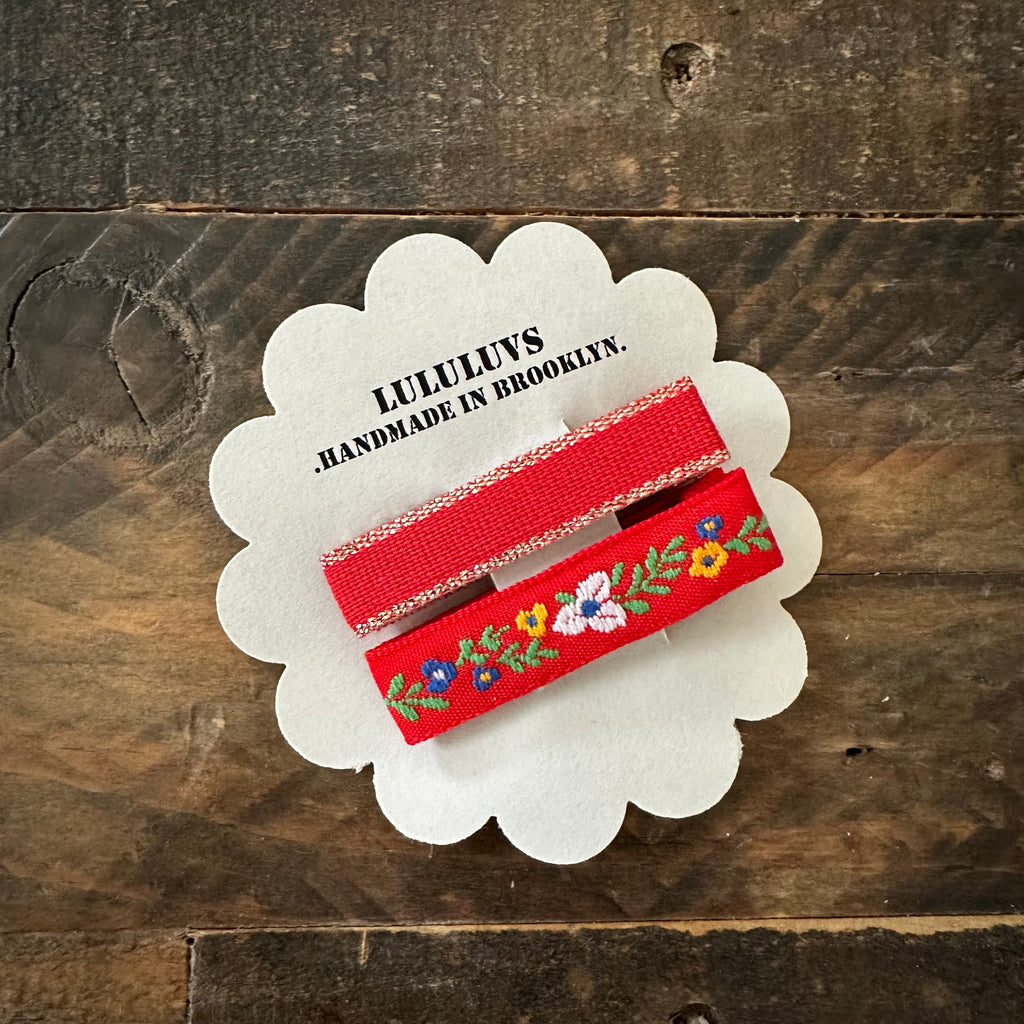 Embroidered Ribbon Bar Clips in Red, set of 2
