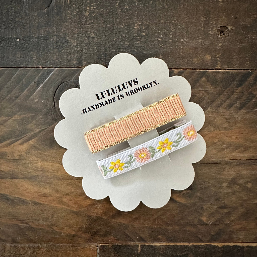 Embroidered Ribbon Bar Clips in Peach, set of 2