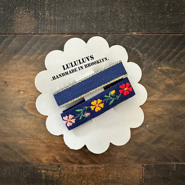 Embroidered Ribbon Bar Clips in Navy, set of 2