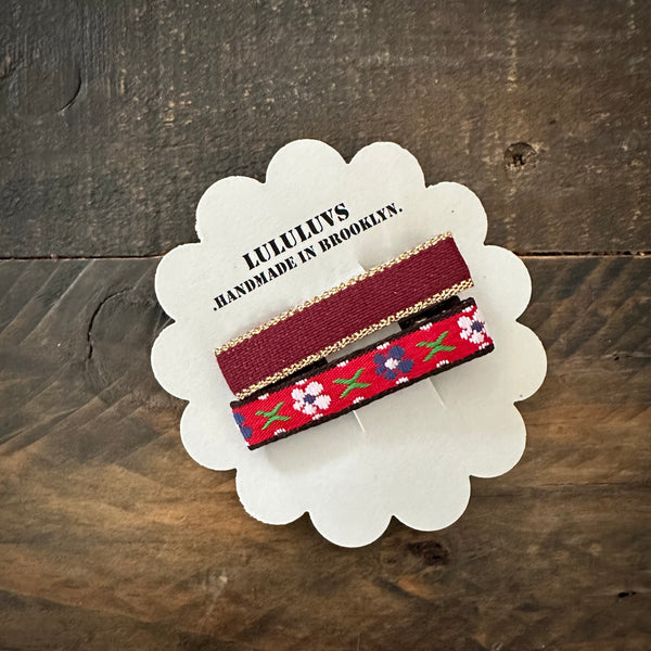 Embroidered Ribbon Bar Clips in Burgundy, set of 2