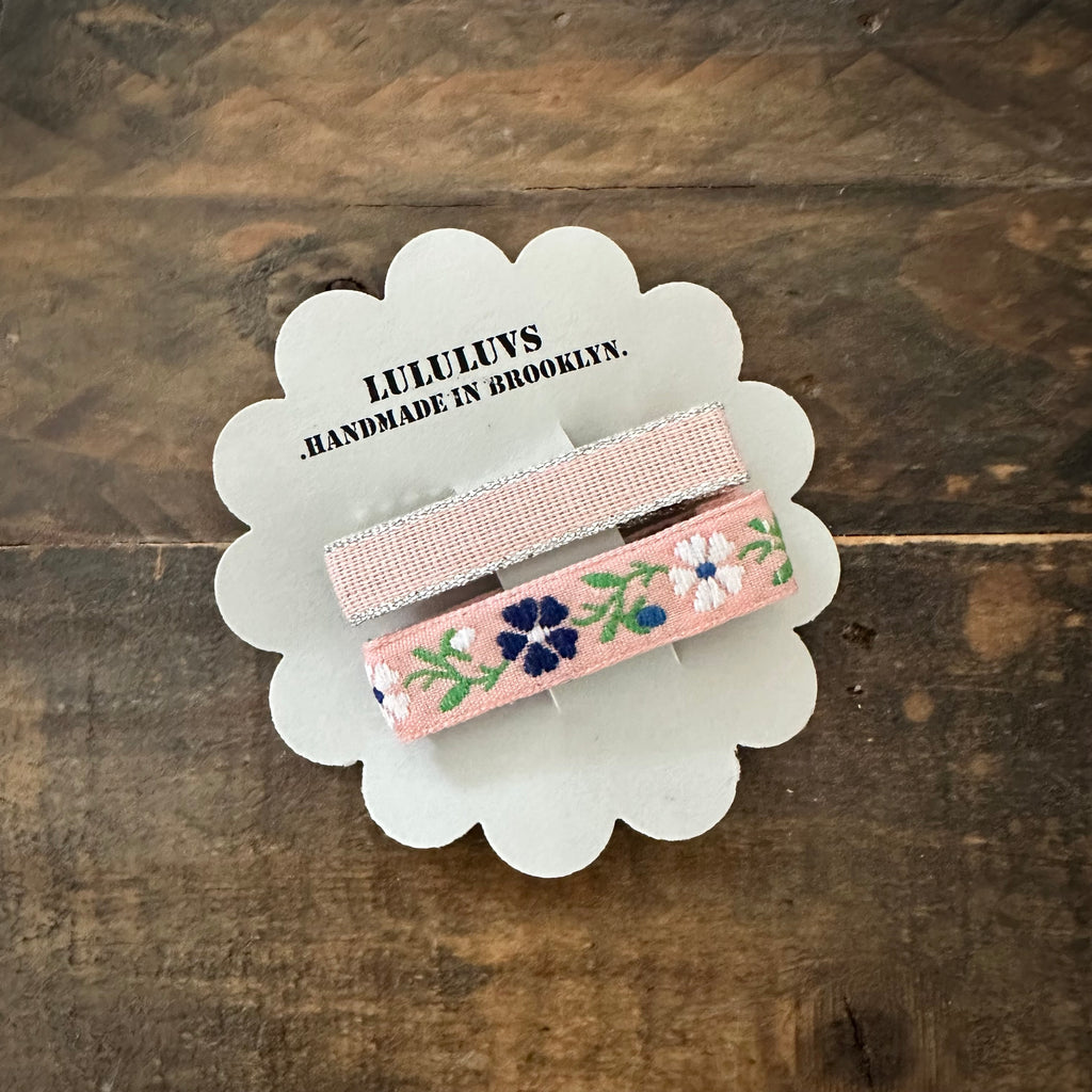 Embroidered Ribbon Bar Clips in Blush, set of 2