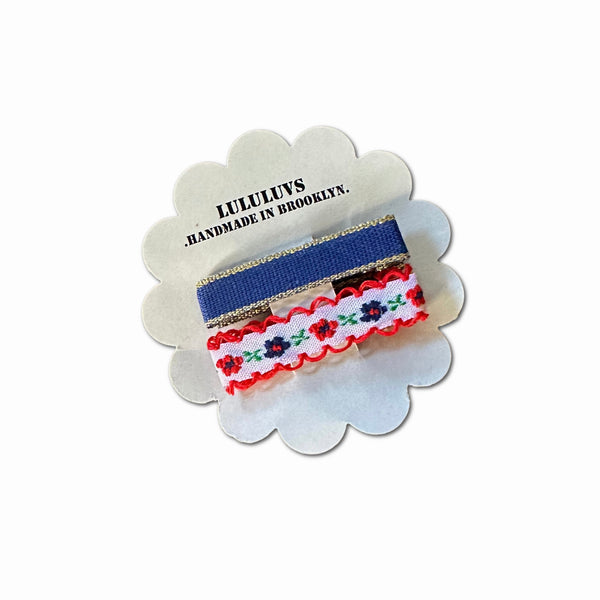 Embroidered Ribbon Bar Clips in Red/Navy, set of 2