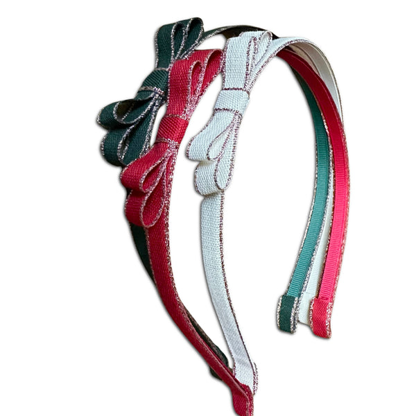 Metallic Ribbon Headbands Set, Red/Green/Ivory