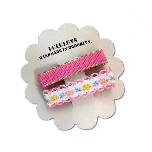 Embroidered Ribbon Bar Clips in Bright Pink, set of 2
