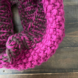 READY TO SHIP! Adult 100% Wool Hand Knit Cowl Scarf, Fuchsia/Chocolate