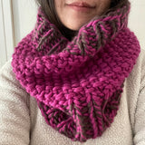 READY TO SHIP! Adult 100% Wool Hand Knit Cowl Scarf, Fuchsia/Chocolate