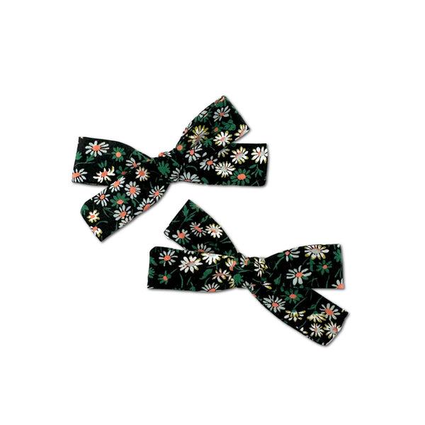 Skinny Ribbon Pigtail Bows, Liberty of London Black Daisies