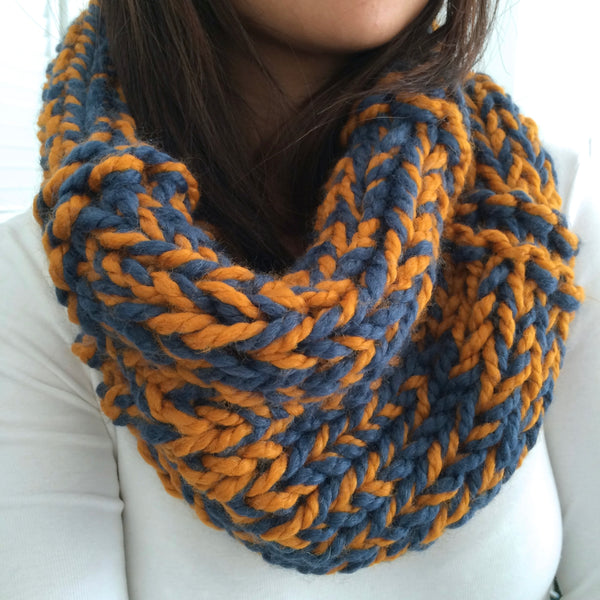 READY TO SHIP! Adult Julia Hand Knit Cowl Scarf, Denim/Honey