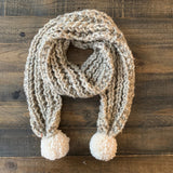 READY TO SHIP! Adult Cameron Pompom Hand Knit Scarf, Oat/Snow