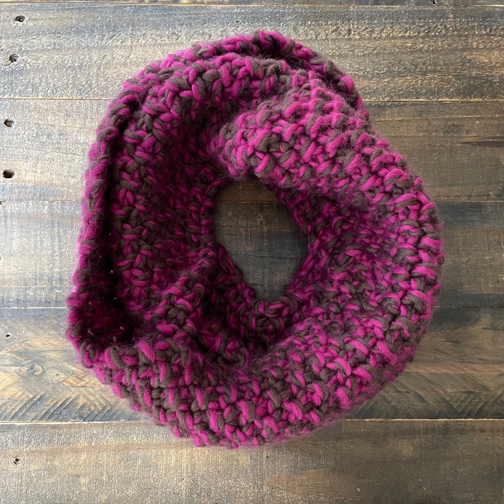 READY TO SHIP! Adult 100% Wool Hand Knit Scarf, Fuchsia/Chocolate