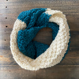 READY TO SHIP! Adult 100% Wool Hand Knit Colorblock Scarf, Teal/Cream