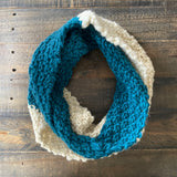 READY TO SHIP! Adult 100% Wool Hand Knit Colorblock Scarf, Teal/Cream