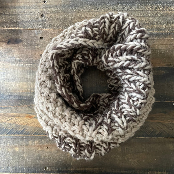 READY TO SHIP! Adult 100% Wool Hand Knit Cowl Scarf, Taupe/Chocolate