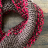 READY TO SHIP! Adult 100% Wool Hand Knit Cowl Scarf, Cherry/Chocolate