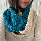 READY TO SHIP! Adult 100% Wool Hand Knit Colorblock Scarf, Teal/Cream