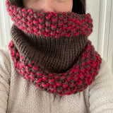 READY TO SHIP! Adult 100% Wool Hand Knit Cowl Scarf, Cherry/Chocolate