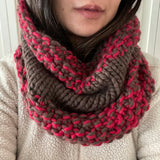 READY TO SHIP! Adult 100% Wool Hand Knit Cowl Scarf, Cherry/Chocolate