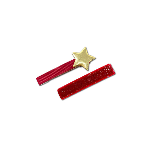 Shimmer Velvet Bar + Star Clip in Red, Set of 2